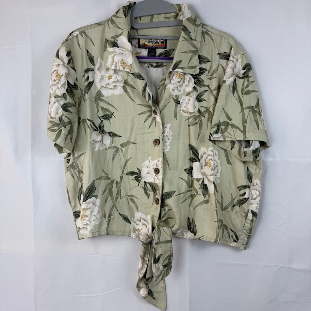 Havana Jacks Cafe Retro Green Floral Front Tie Short Sleeve Button Up Blouse L
